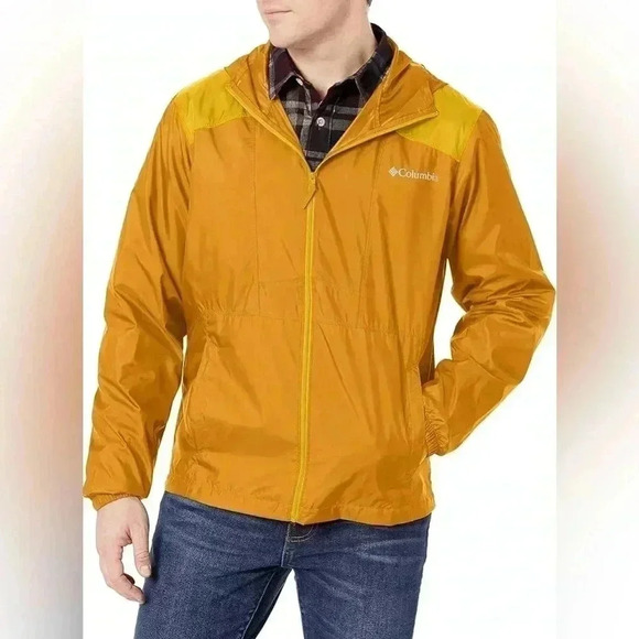 Columbia Mens Windbreaker XL Gold Yellow Hood Flashback Water Resistant Outdoor - Picture 1 of 13